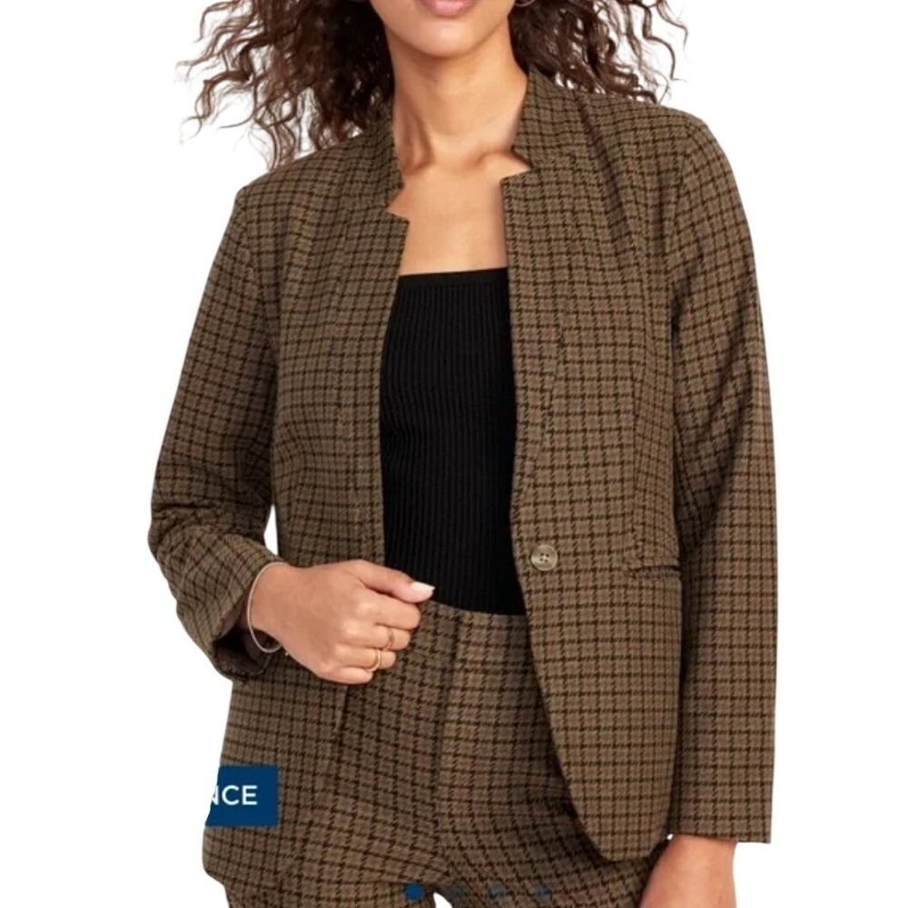 Old Navy NWT Pixie Blazer Womens Brown‎ Houndstooth Collarless Jacket Large